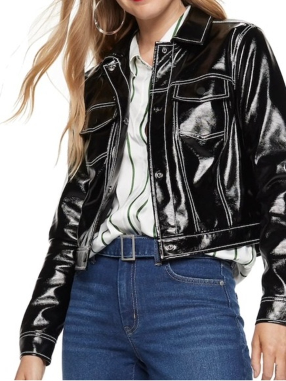 Nine West Black Faux Leather Trucker Jacket with Contrast Stitching